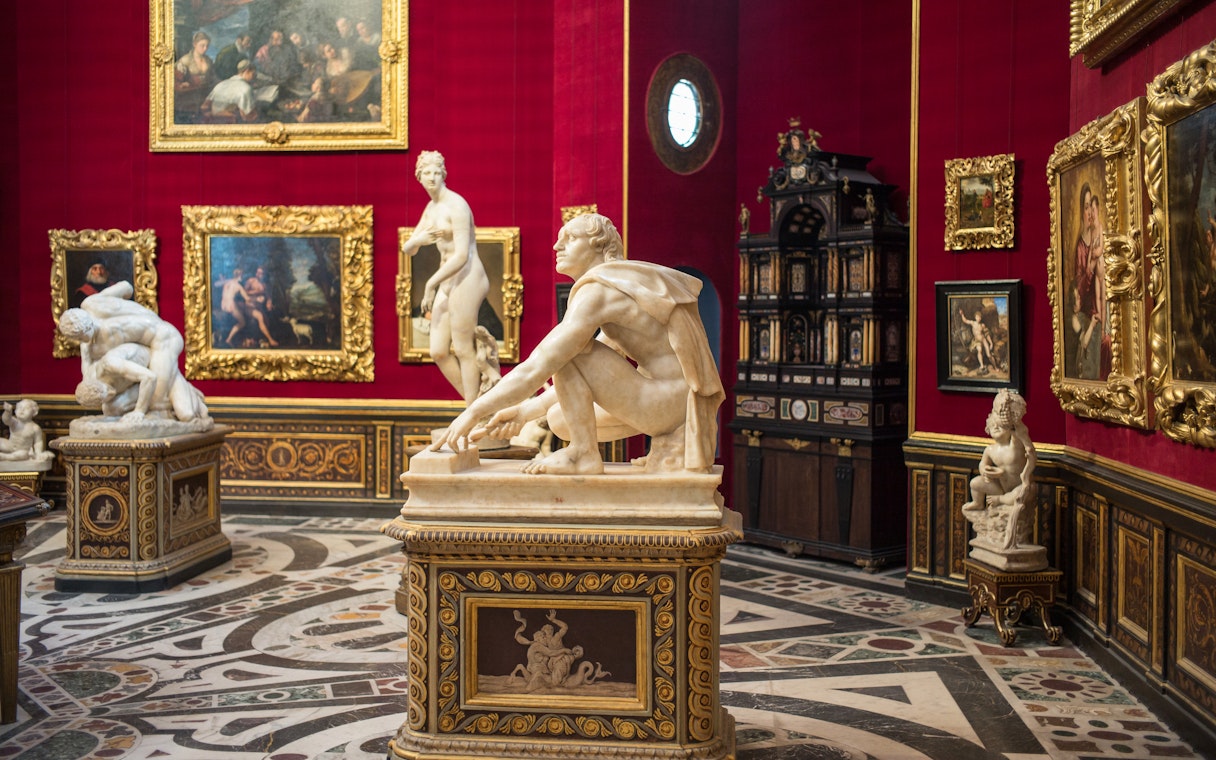 Uffizi Gallery interior with Renaissance artwork, Florence, Italy, part of Uffizi and Accademia Tour.