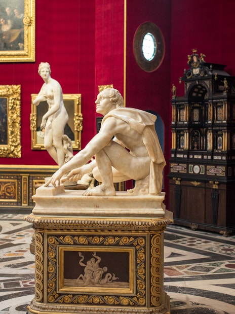 Uffizi Gallery interior with Renaissance artwork, Florence, Italy, part of Uffizi and Accademia Tour.