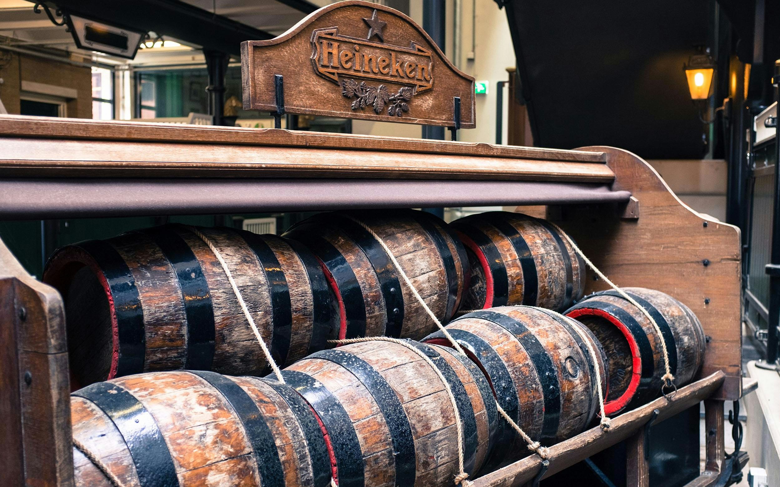 Heineken beer barrels on display at the Heineken Experience in Amsterdam.