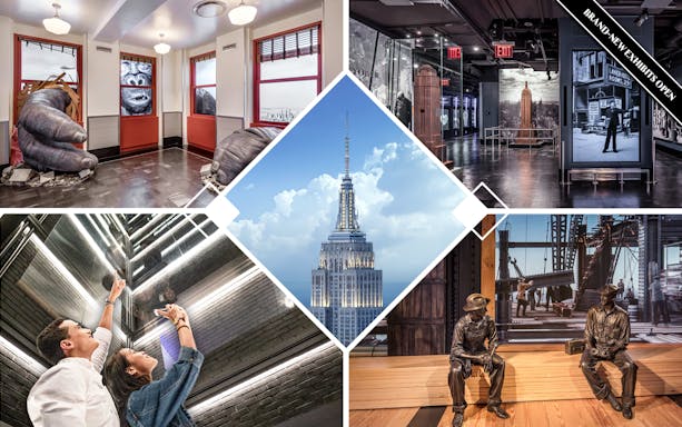 Empire State Building Observatory exhibits and skyline view, New York City.