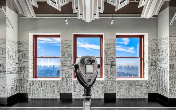 Observation deck view from Empire State Building with skyline and binoculars.