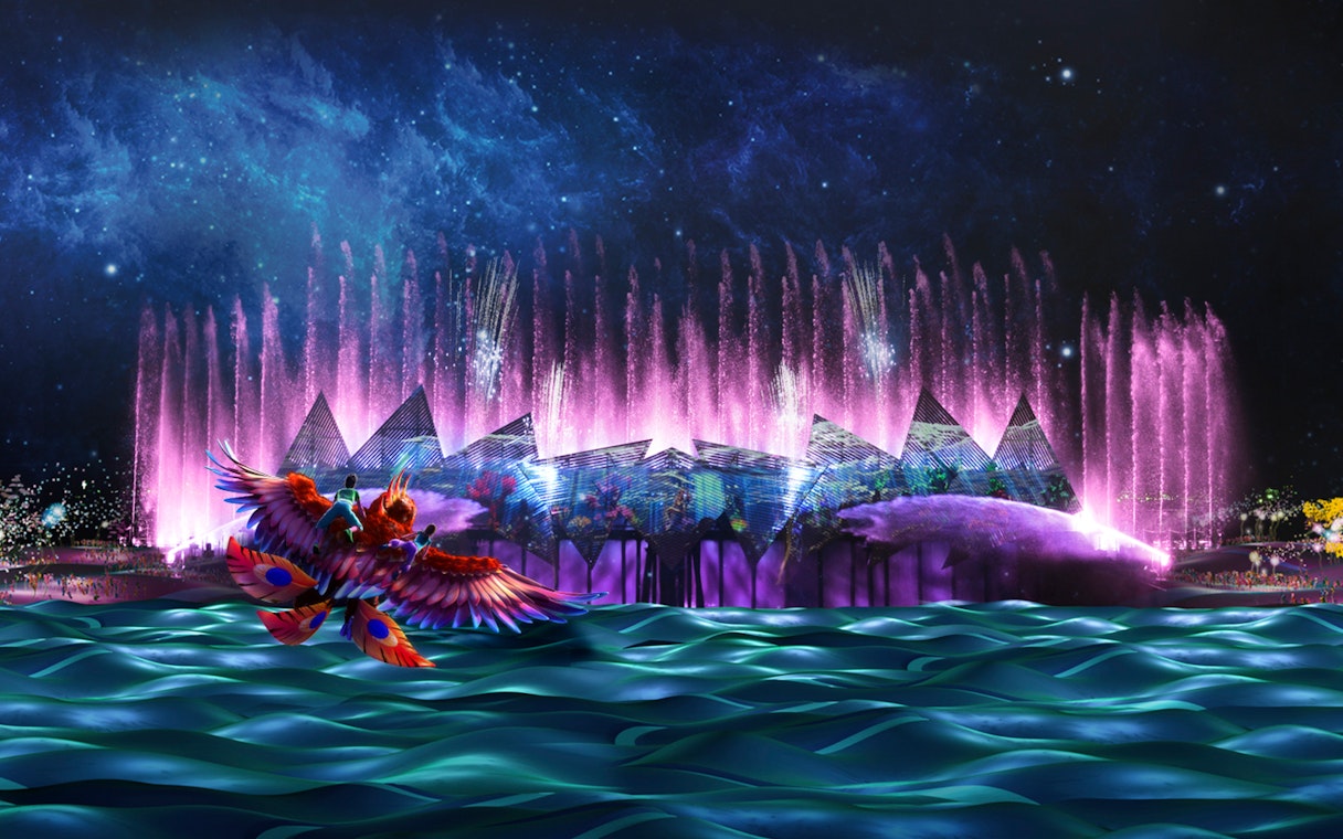 Night show with water, laser, and fire effects at Wings of Time, Sentosa Island, Singapore.