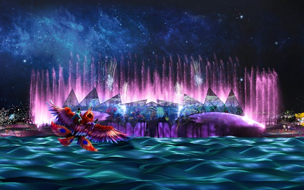Night show with water, laser, and fire effects at Wings of Time, Sentosa Island, Singapore.