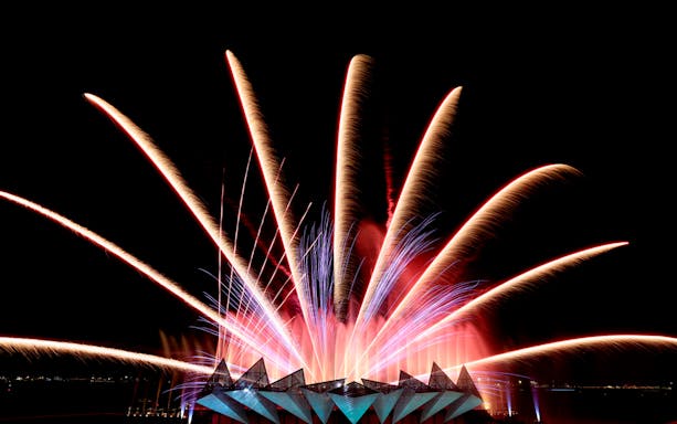 Fireworks display at Wings of Time show in Sentosa, Singapore.