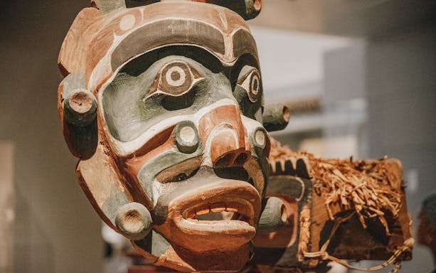 Carved wooden mask at the Metropolitan Museum of Art, New York City.