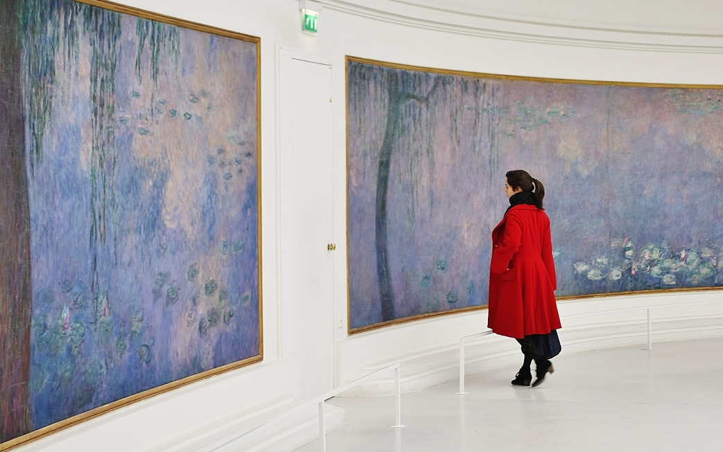 Visitor admiring Monet's Water Lilies at The Orangerie Museum, Paris.