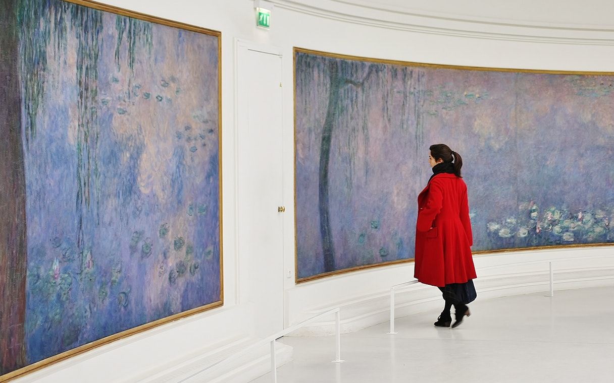 Visitor admiring Monet's Water Lilies at The Orangerie Museum, Paris.