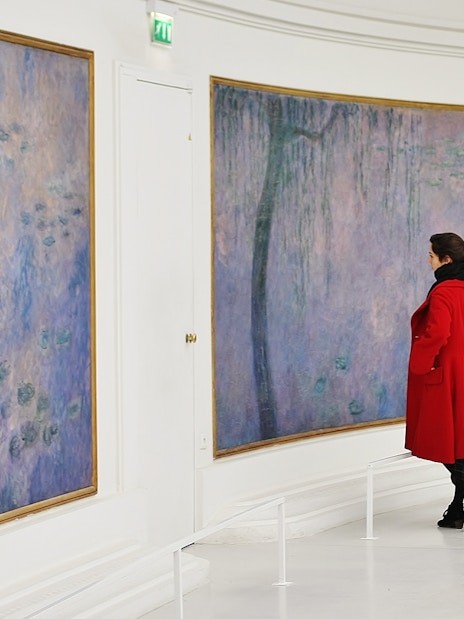 Visitor admiring Monet's Water Lilies at The Orangerie Museum, Paris.