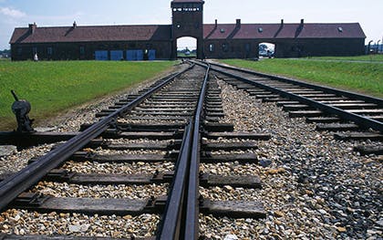Rail tracks leading to Auschwitz-Birkenau entrance, Poland.