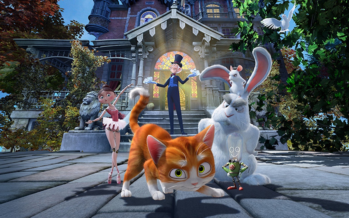 Characters in front of a whimsical mansion at Katmandu Park.