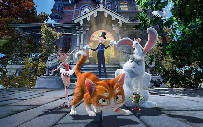 Characters in front of a whimsical mansion at Katmandu Park.