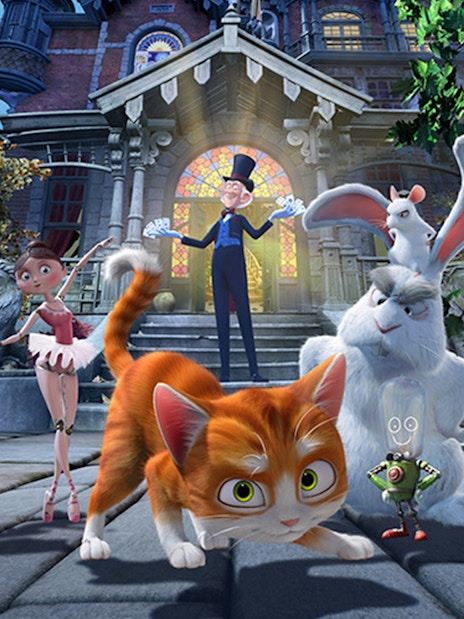 Characters in front of a whimsical mansion at Katmandu Park.