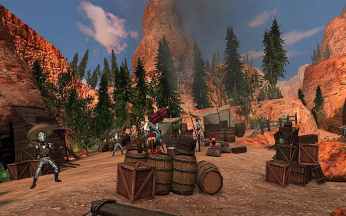 Wild West-themed area with animatronic figures and wooden crates at Katmandu Park.