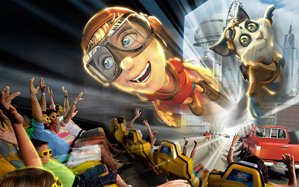Visitors enjoying a 4D ride experience at Katmandu Park with animated characters flying overhead.