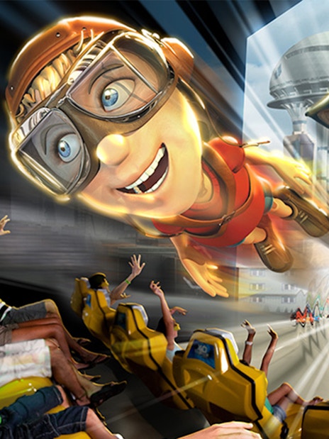 Visitors enjoying a 4D ride experience at Katmandu Park with animated characters flying overhead.