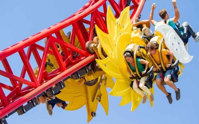 Roller coaster ride at Terra Mitica theme park in Benidorm, Spain.