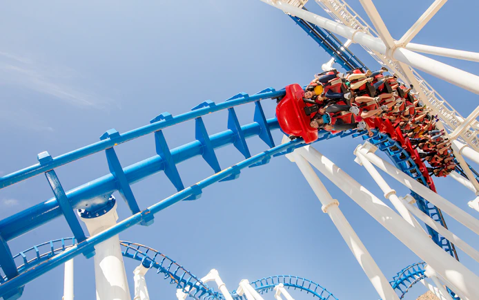 Roller coaster ride at Terra Mitica theme park in Benidorm, Spain.