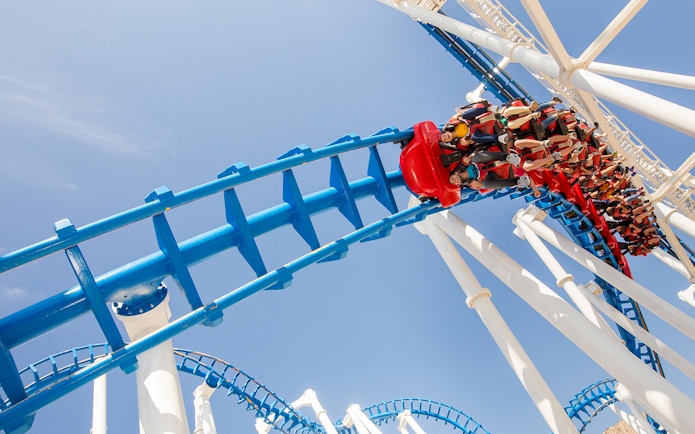 Roller coaster ride at Terra Mitica theme park in Benidorm, Spain.