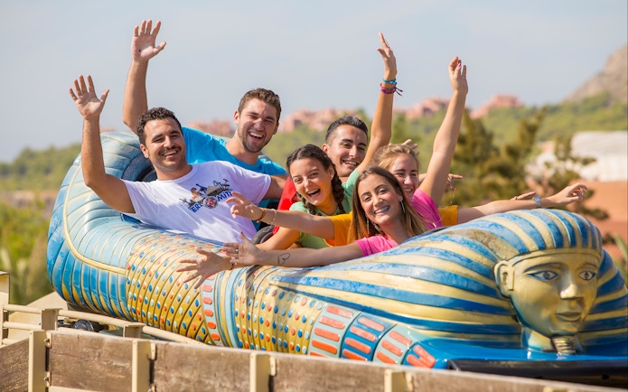 Visitors enjoying a ride at Terra Mitica theme park in Benidorm, Spain.
