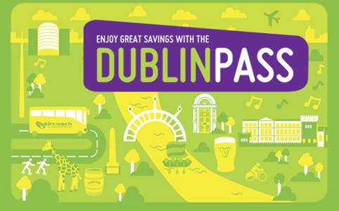 Dublin Pass illustration with landmarks and activities, highlighting savings and attractions in Dublin.
