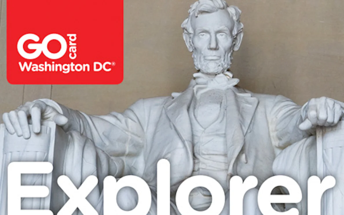 Lincoln Memorial statue in Washington DC with Go Washington DC Explorer Pass branding.