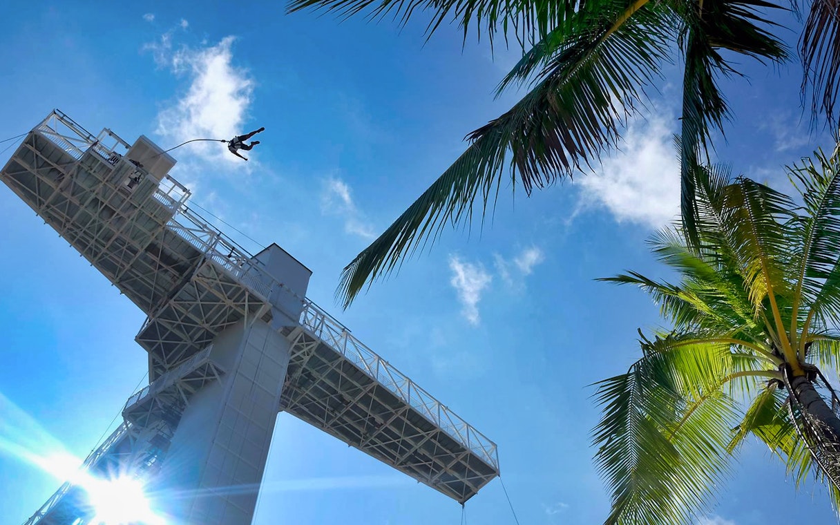 Bungee jumper leaping from AJ Hackett Sentosa platform, surrounded by palm trees and blue sky.