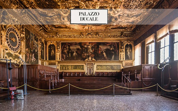 Palazzo Ducale interior with ornate ceiling and historical paintings, Venice.