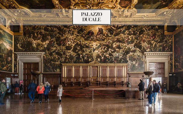 Palazzo Ducale interior with visitors viewing ornate artwork, Venice Museums Pass.