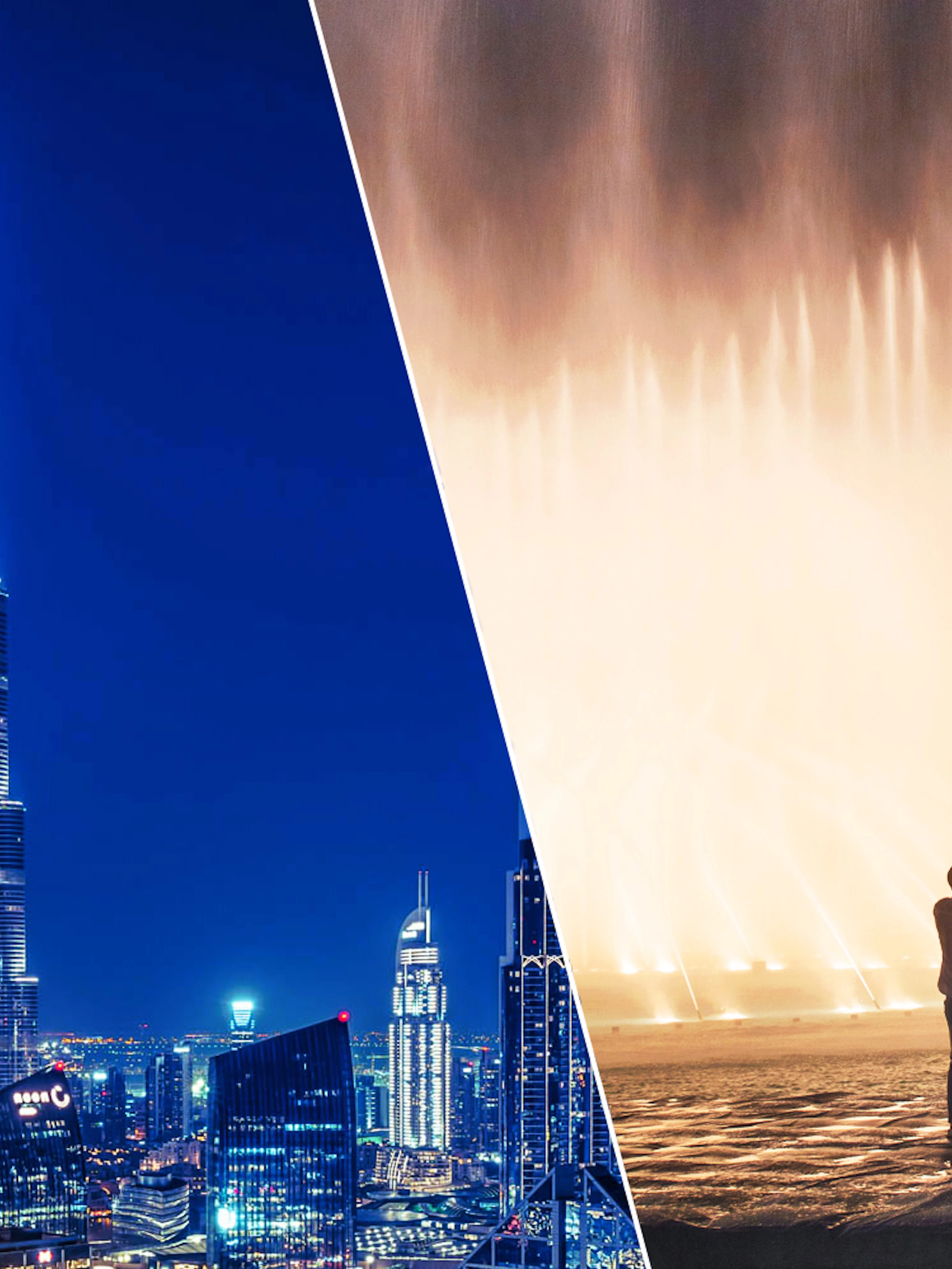 Burj Khalifa and Dubai Fountain Boardwalk at night with people enjoying the view.