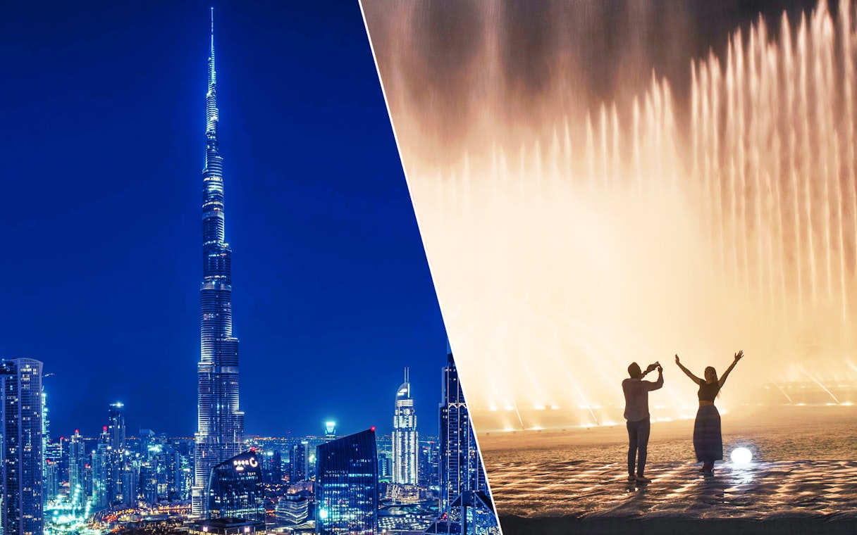 Burj Khalifa and Dubai Fountain Boardwalk at night with people enjoying the view.