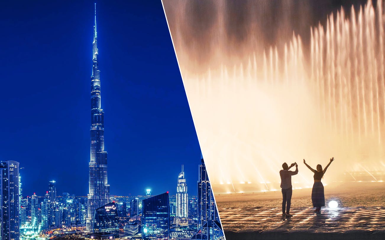 Burj Khalifa and Dubai Fountain Boardwalk at night with people enjoying the view.