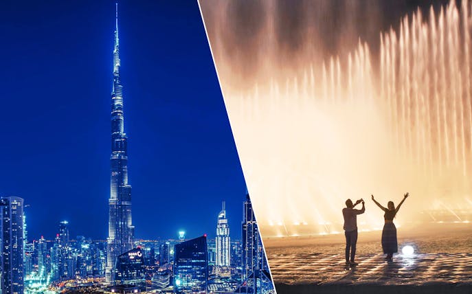 Burj Khalifa and Dubai Fountain Boardwalk at night with people enjoying the view.