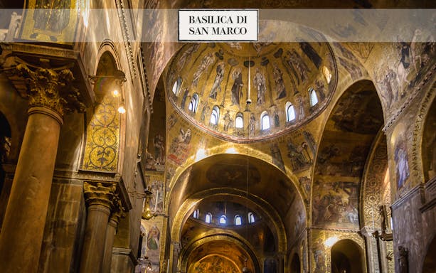 Interior of St. Mark's Basilica in Venice, showcasing ornate golden mosaics and architectural details.