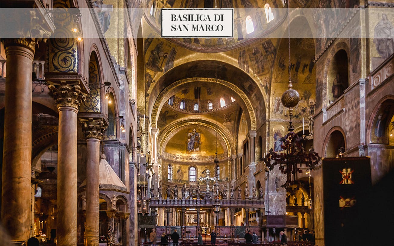 Interior of St. Mark's Basilica in Venice, showcasing ornate arches and golden mosaics.