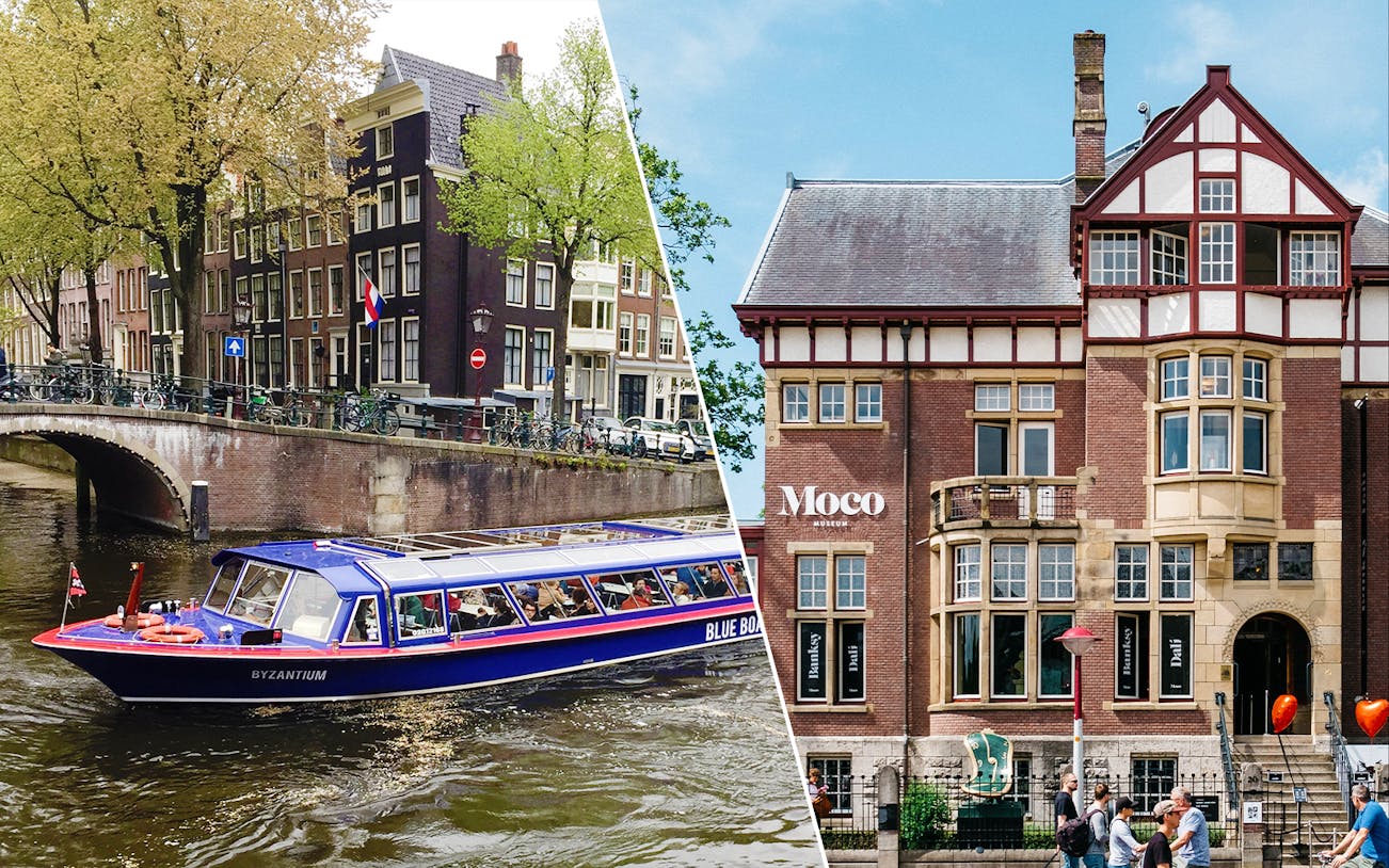 City canal cruise boat in Amsterdam and exterior of Moco Museum.