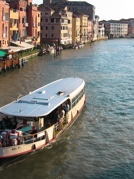 Venice ACTV water bus navigating the Grand Canal with historic buildings in view.