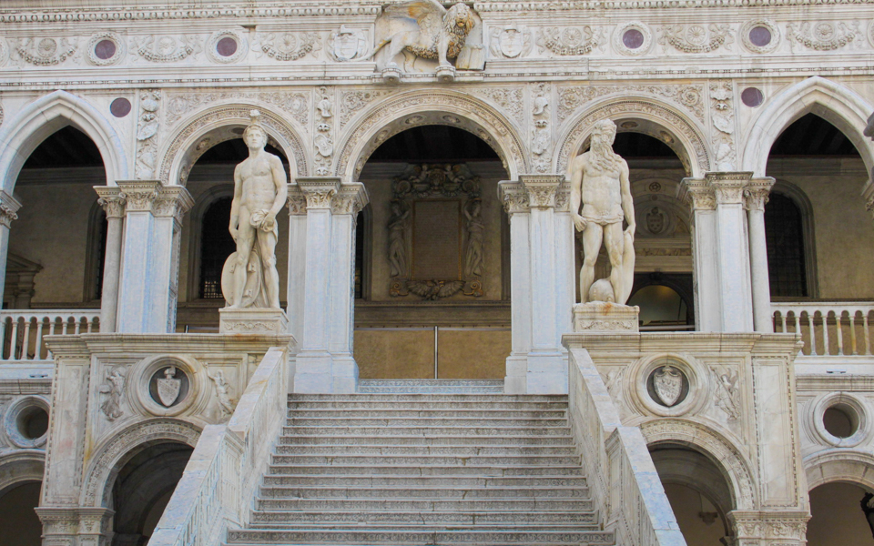 Staircase with statues at Doge’s Palace, Venice, part of 3-Museum Pass tour.
