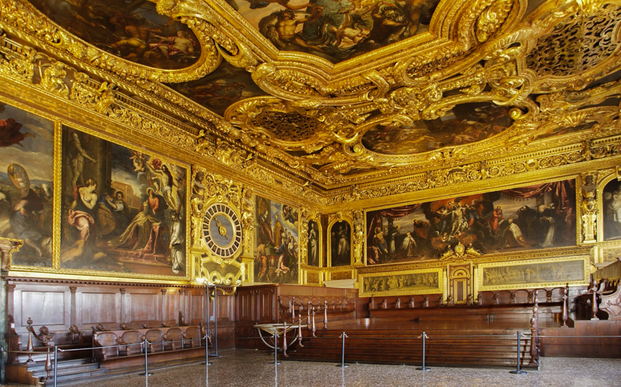 Doge’s Palace ornate hall with gilded ceiling and historic paintings, Venice.
