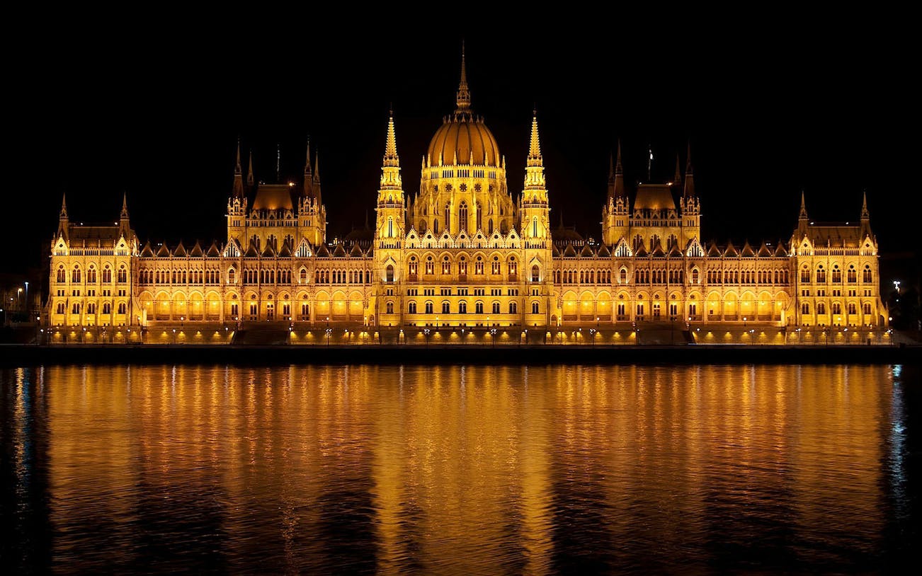 Hungarian Parliament Building illuminated at night, Budapest.