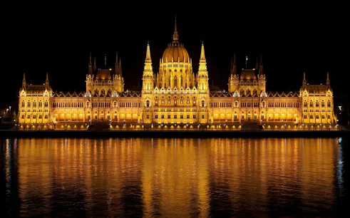 Hungarian Parliament Building illuminated at night, Budapest.