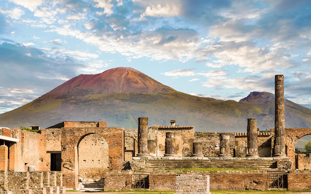 Ancient ruins of Pompeii with Mount Vesuvius in the background, Italy.