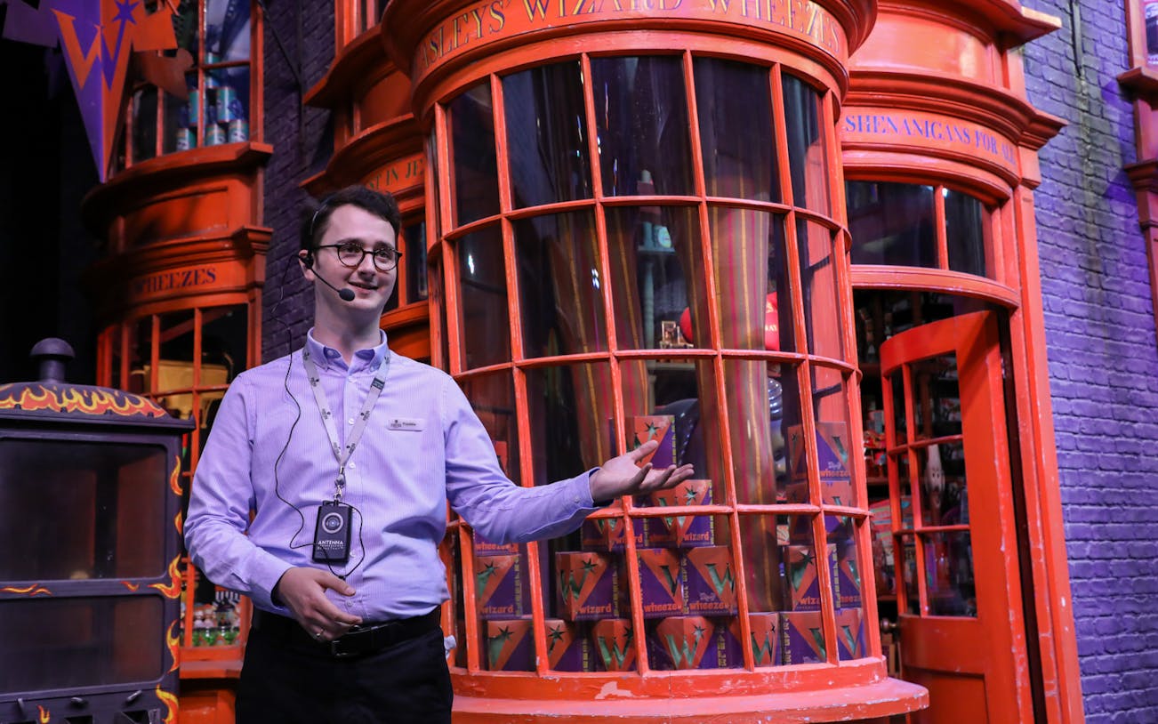 Guide at Weasleys' Wizard Wheezes during Warner Bros. Studio Harry Potter Tour, London.