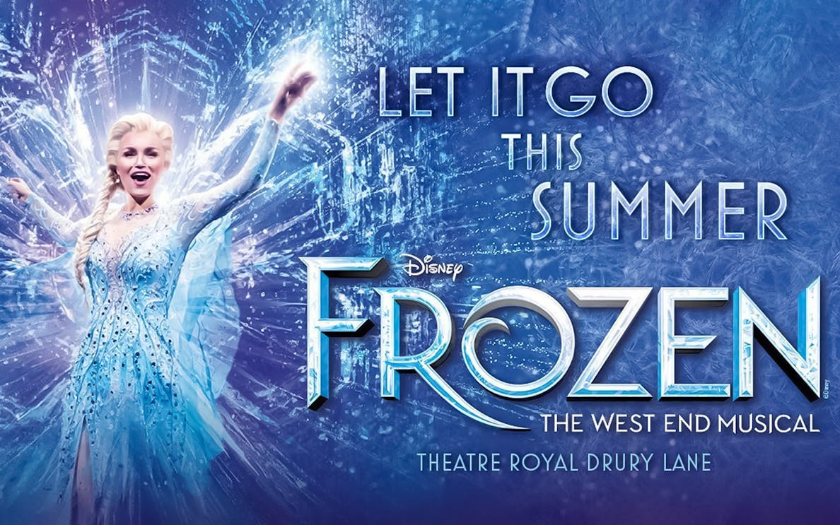 Frozen musical stage performance with actors in elaborate costumes, New York City.