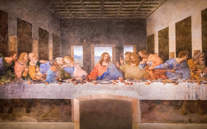Last Supper painting by Leonardo da Vinci in Milan, depicting Jesus and disciples.