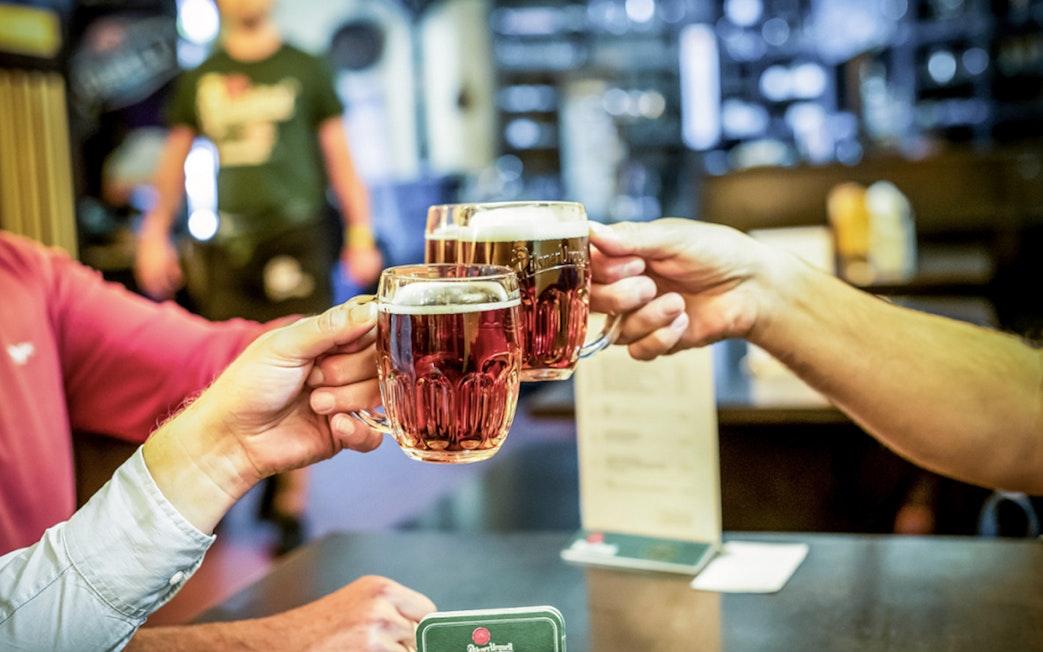 Toasting with beer mugs on Prague beer tour.