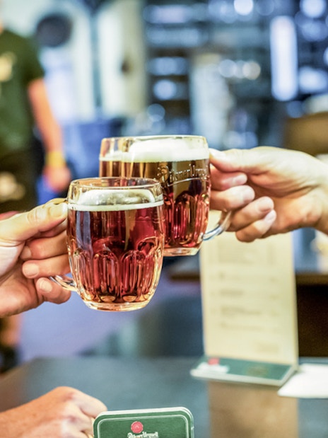 Toasting with beer mugs on Prague beer tour.