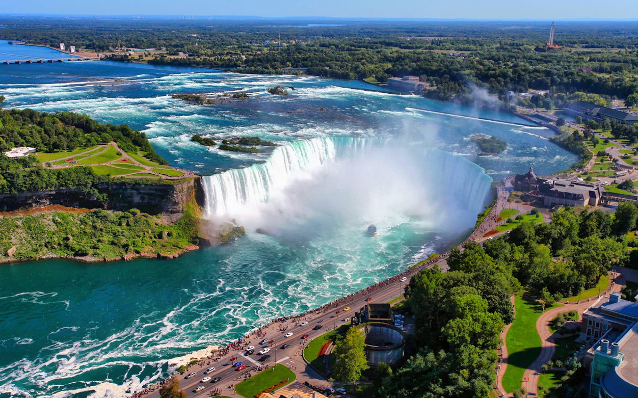 Aerial view of Niagara Falls with surrounding greenery and river, seen on a day trip from New York City.