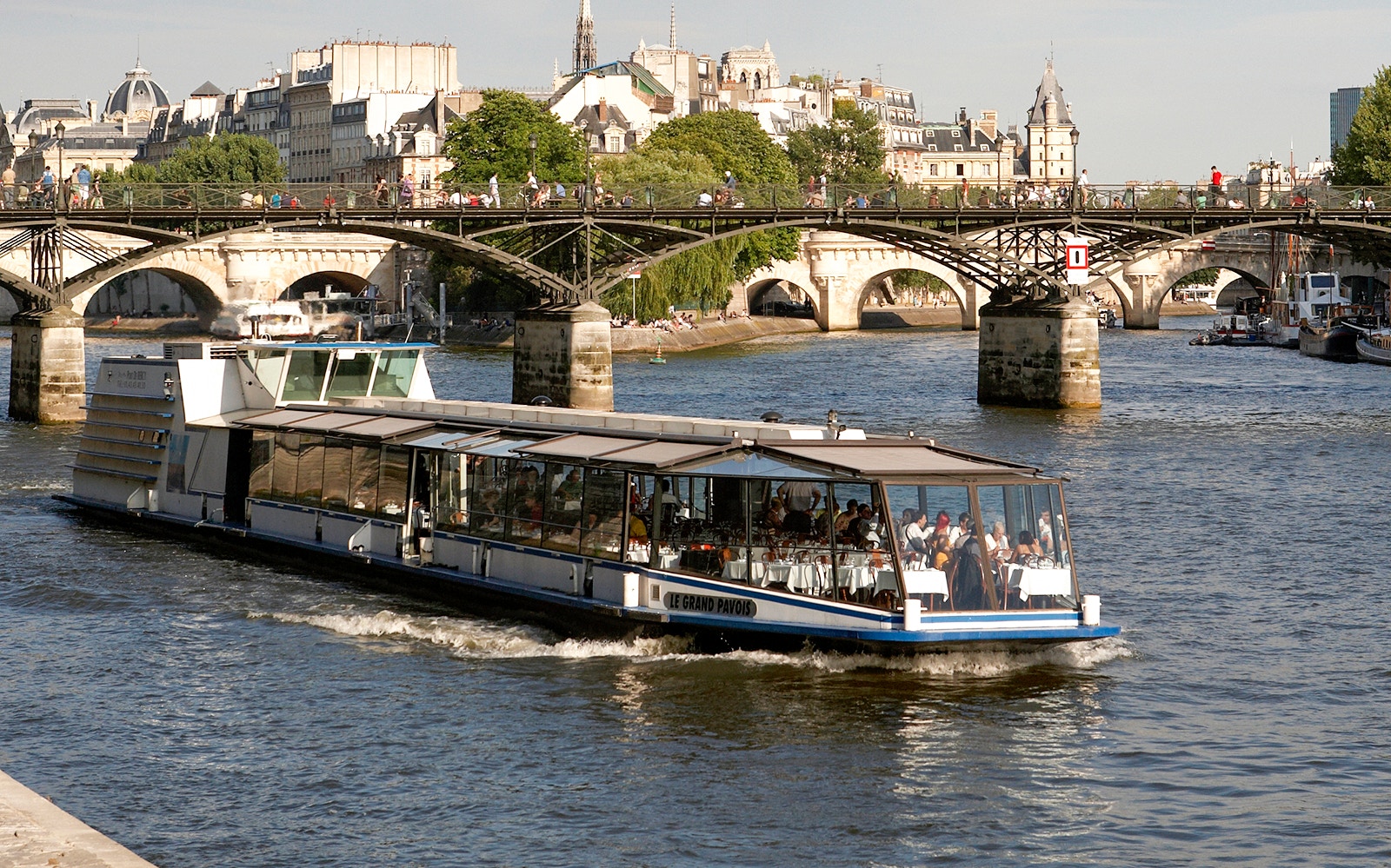 Eiffel Tower view from La Marina Orsay lunch cruise on the Seine River, Paris.