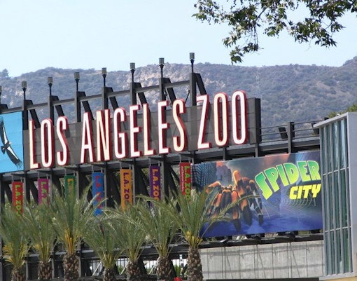 Los Angeles Zoo entrance sign with Spider City exhibit banner.