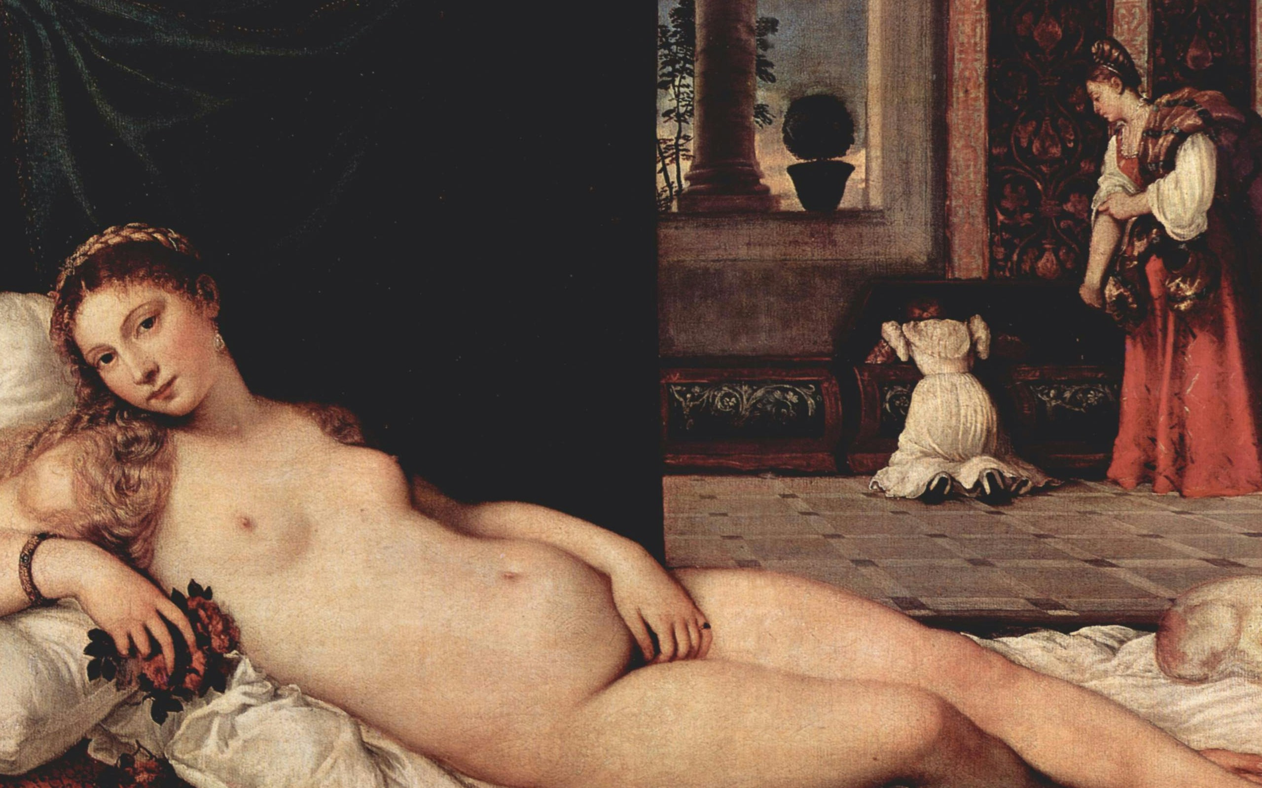 A obra-prima de Ticiano, "Vênus de Urbino", na Galeria Uffizi, retratando uma Vênus reclinada com um servo vasculhando um baú ao fundo, em um rico cenário interior renascentista